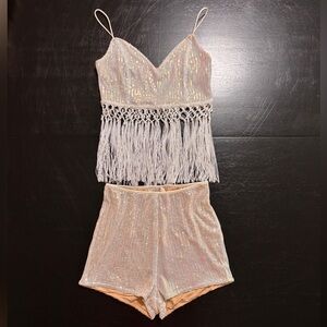 Silver White iridescent sequin top and high waist shorts set sz S Fringe